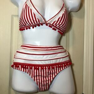 High waisted swimsuit bikini with stripes & tassels - retro vibes